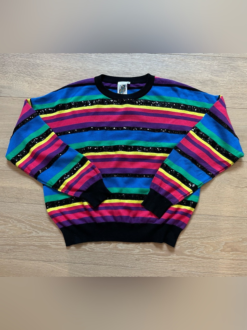 Queen of Sparkles Rainbow Striped Sequin Sweater. Size M